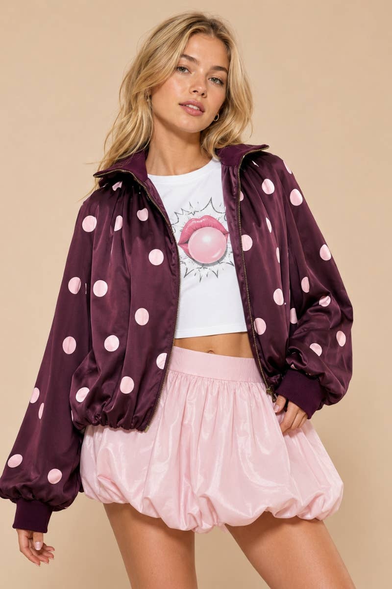 Burgundy & Pink -SATIN POLKADOT BUBBLE JACKET
