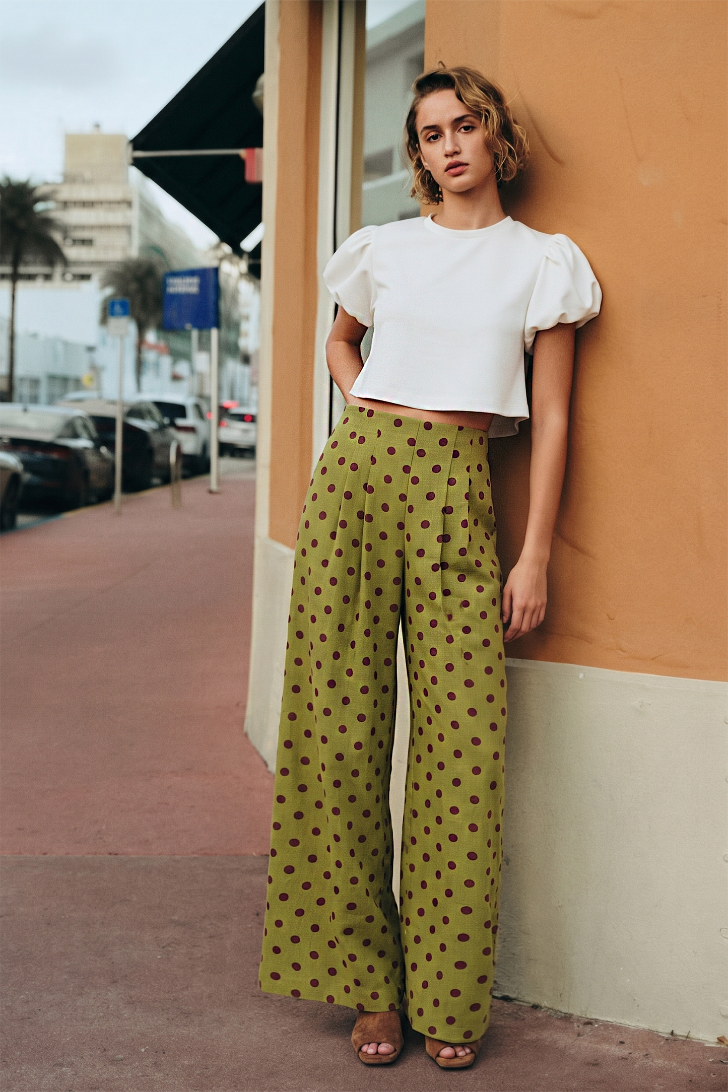 Olive Green Polka Dot Pleated High-Waisted Wide Pants