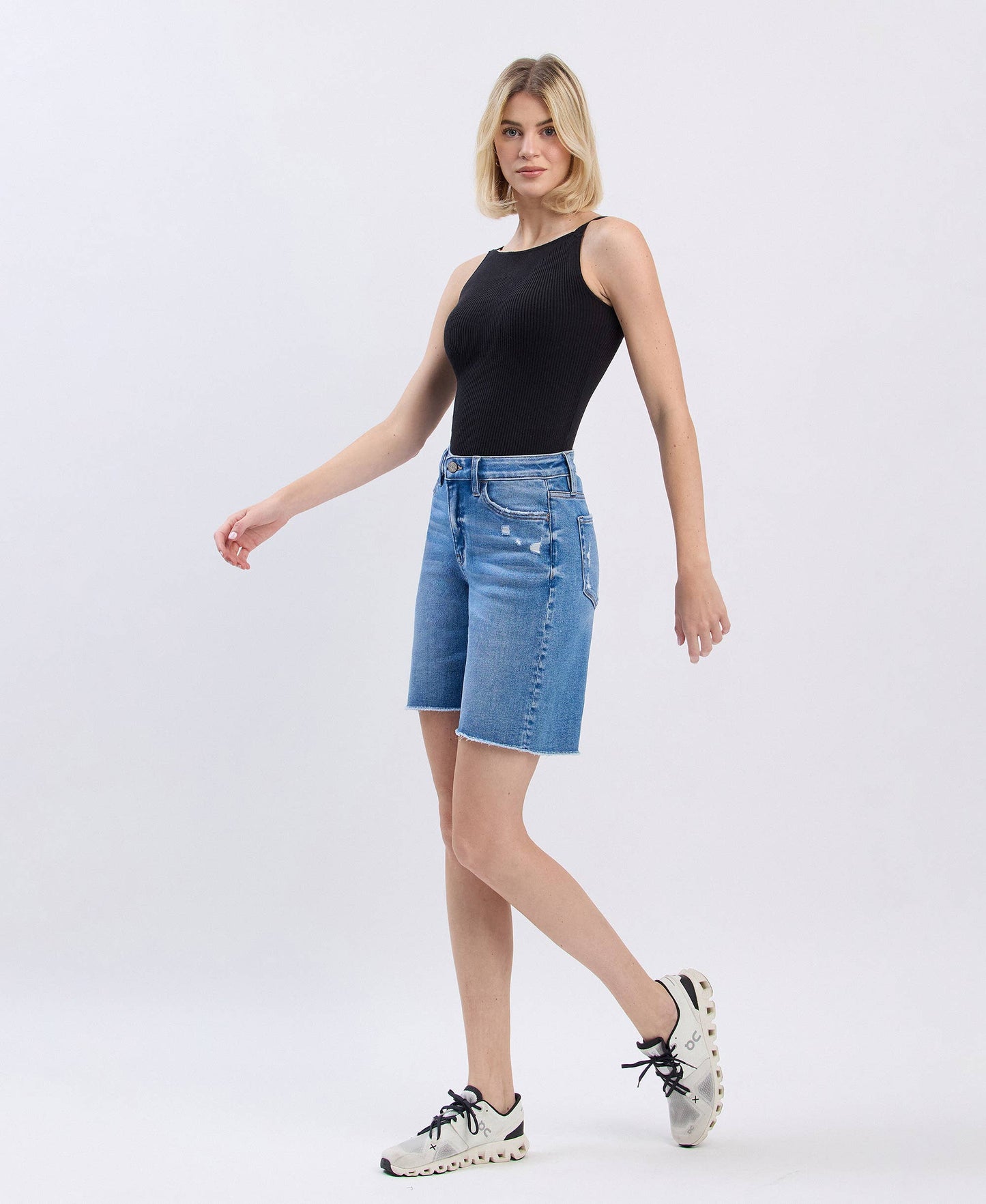 VERVET by FLYING MONKEY - HIGH RISE RAW HEM BERMUDA SHORTS
