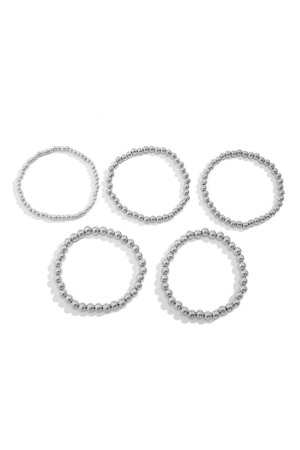 Silver 5 piece Layered Bracelets Set Round Ball Beads Chain