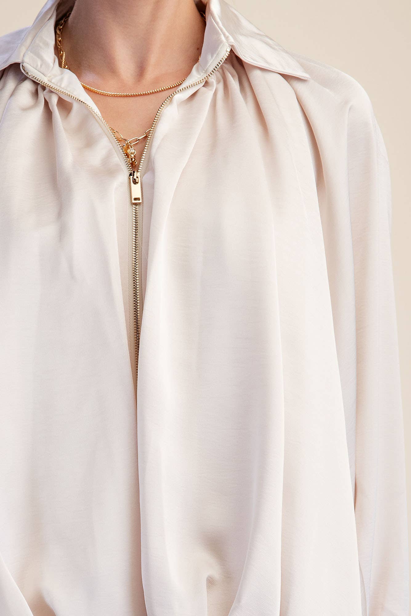 Cream Balloon Zip Up Bomber Jacket