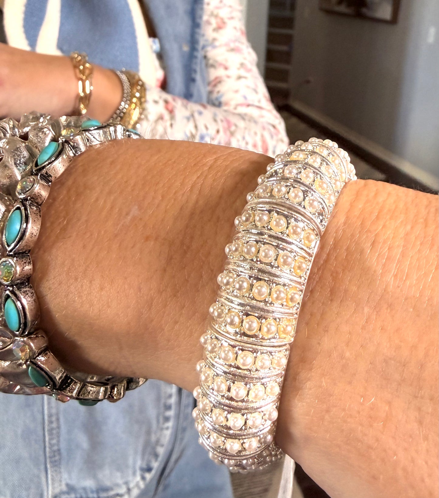 Silver Pearl Paved Stretch Bangle Bracelet