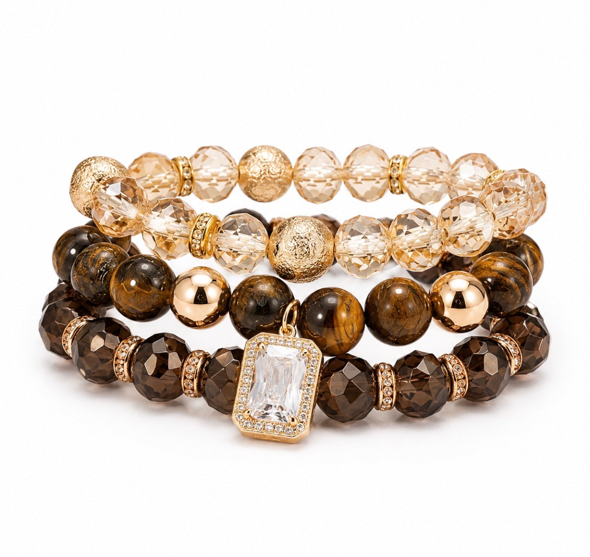 Jane Marie-Brown -Set of 3, Faceted Beaded Bracelet with Clear Crystal Charm