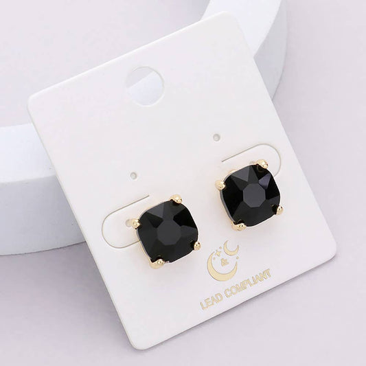 Black Cushion Square Stone Stud Earrings