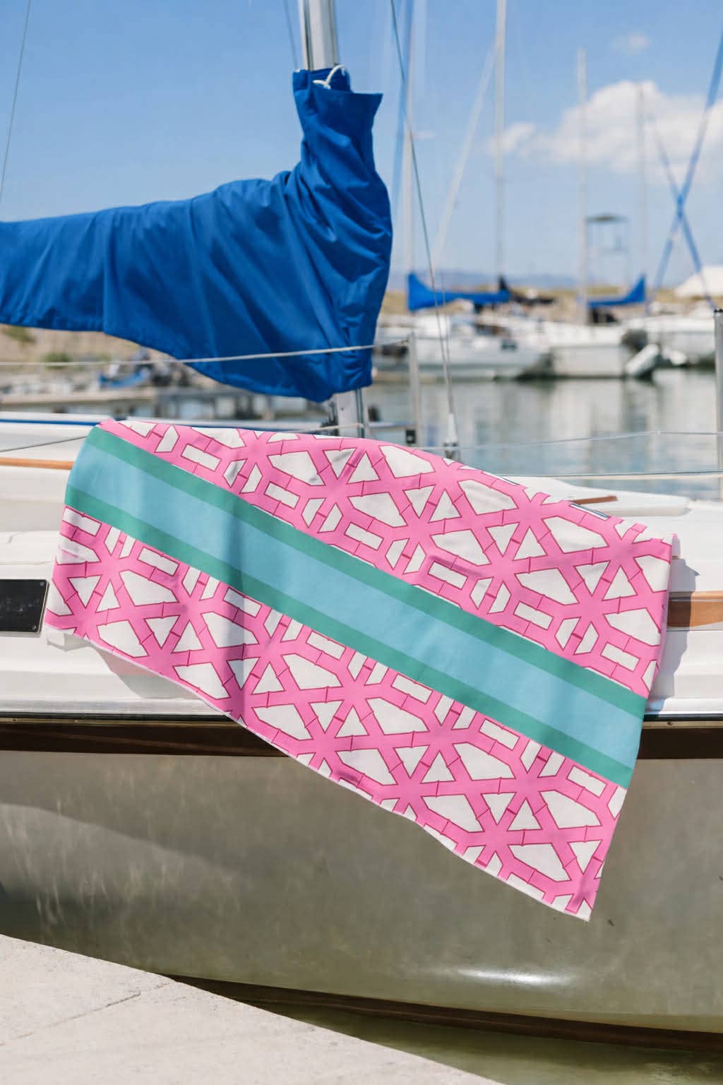 Pink Bamboo w Aqua Stripe-Microfiber Beach Towel