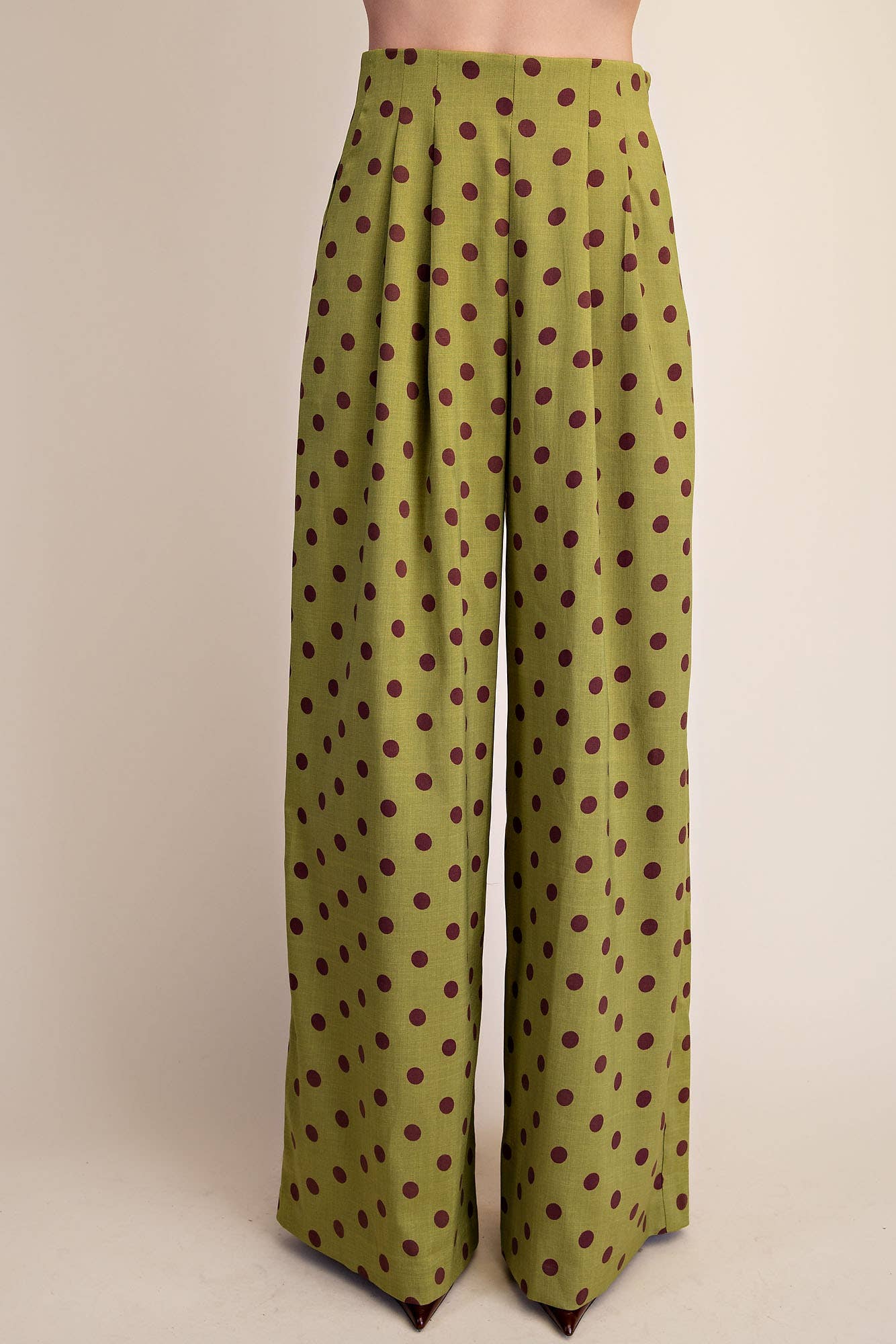 Olive Green Polka Dot Pleated High-Waisted Wide Pants