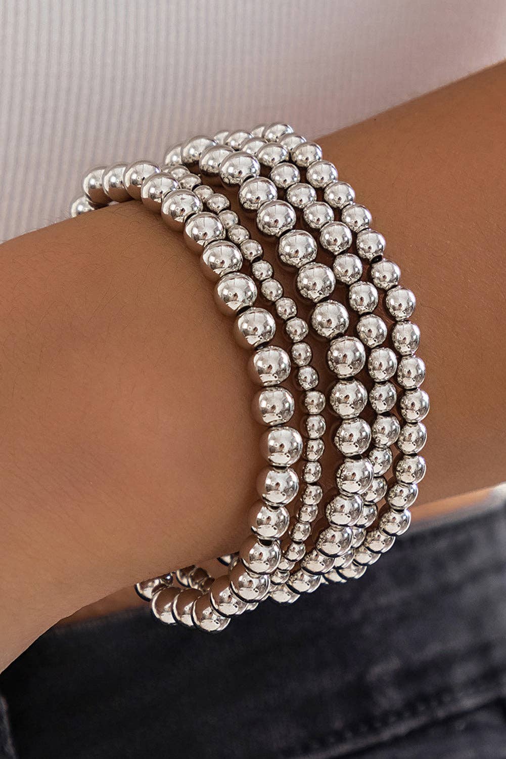 Silver 5 piece Layered Bracelets Set Round Ball Beads Chain