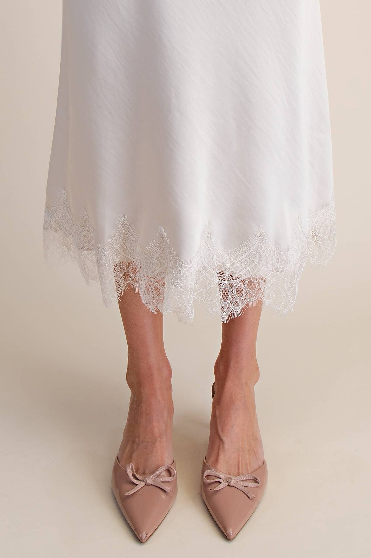 White Lace Satin Midi Skirt