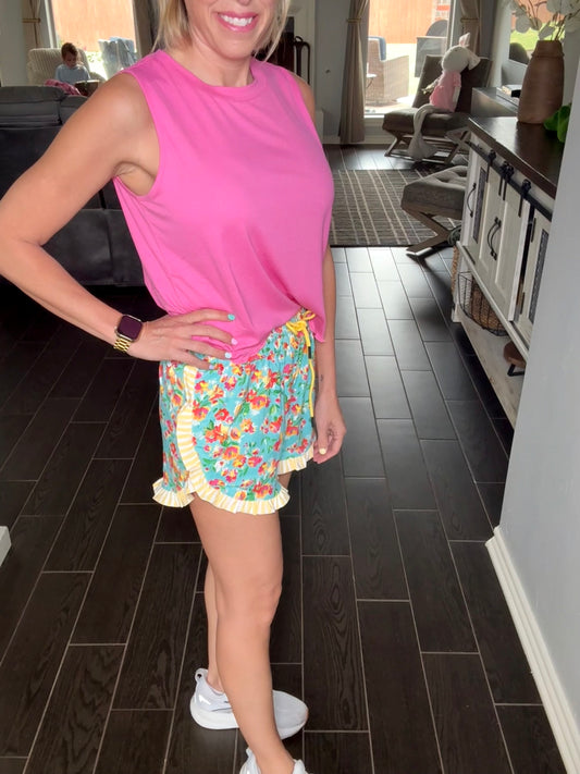 Painted Floral Ruffle Shorts