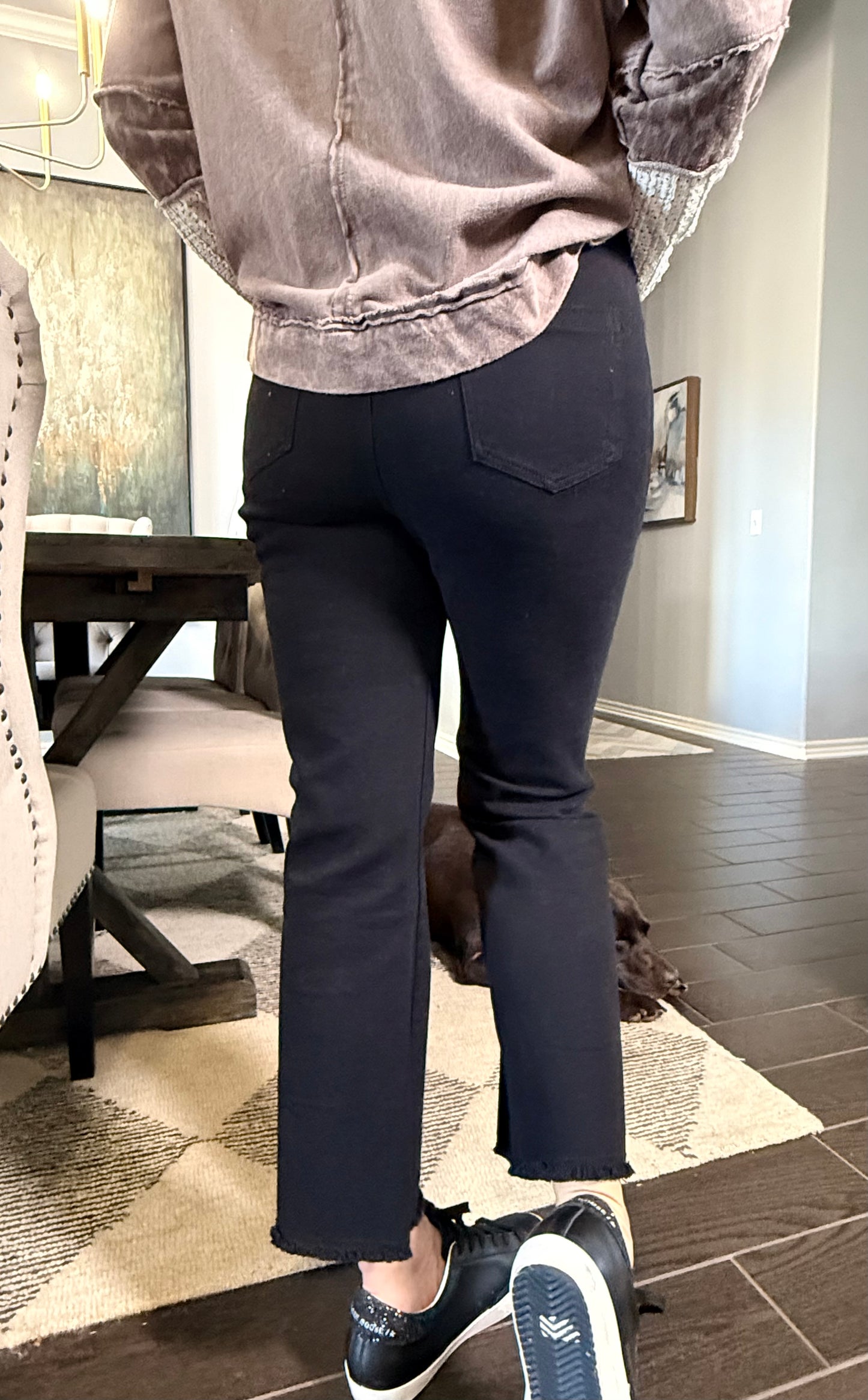 Black Stretchy High Waisted Flare Jeans with Raw Hem