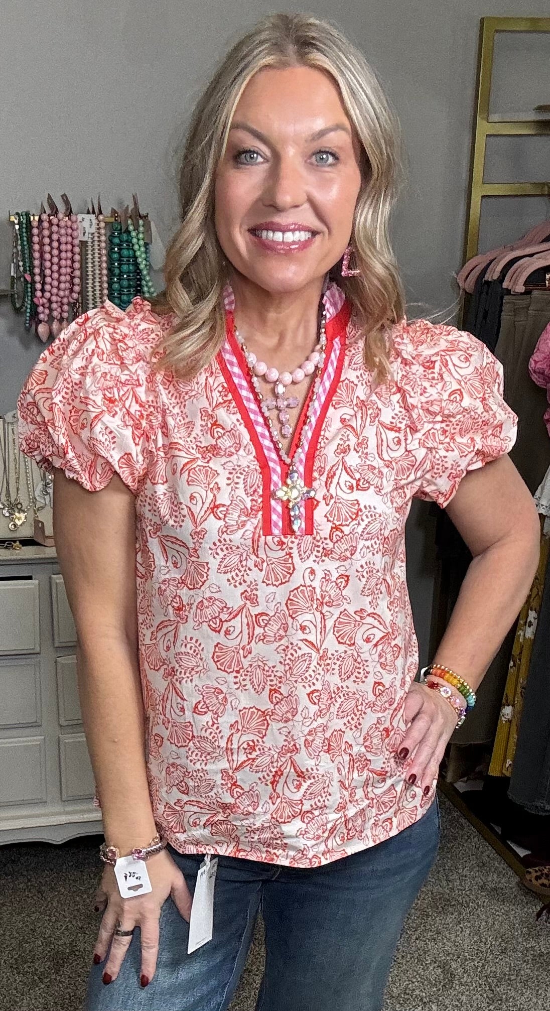 ENTRO Coral & Pink Puff Sleeve Top