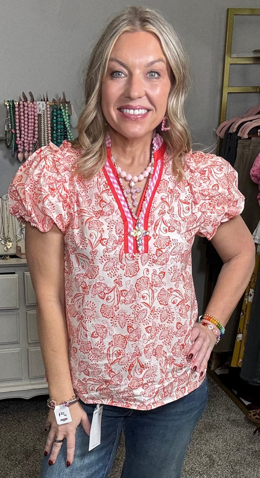 ENTRO Coral & Pink Puff Sleeve Top
