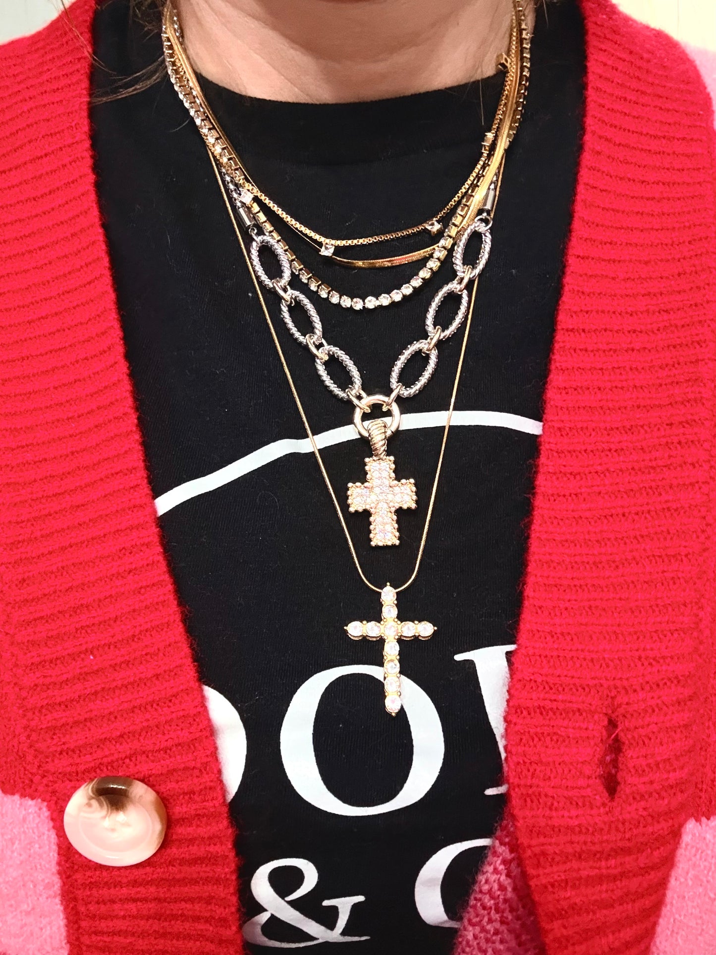 14K Gold Plated Two Tone CZ Stone Paved Cross Pendant Necklace