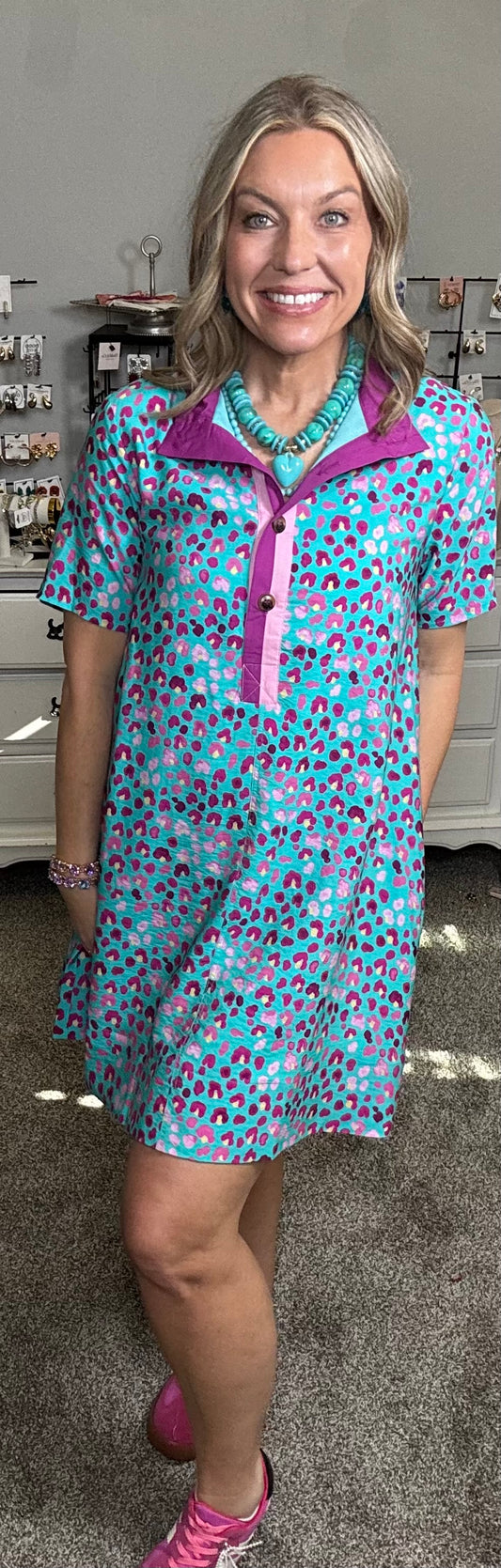 Turquoise Leopard Collared Dress with Pink & Purple Accents