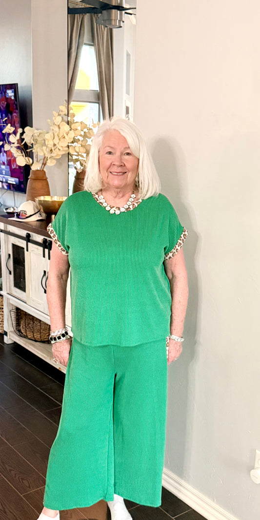 Green/Leopard Mix & Match Ribbed Wide Leg Cropped Pant