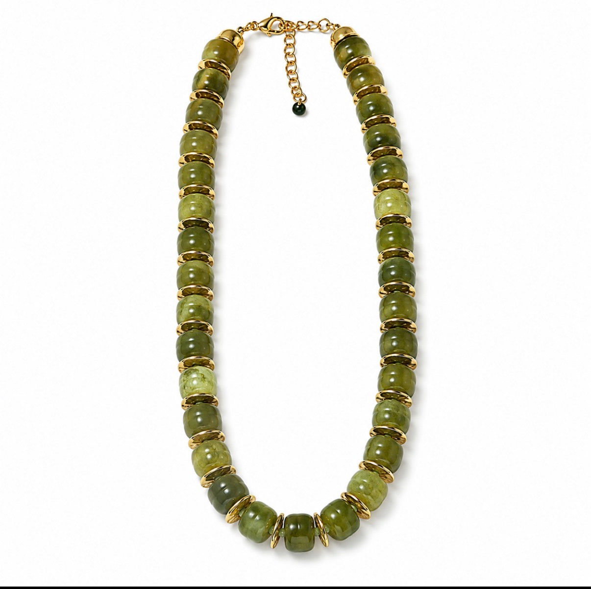 Olive Green Beaded Necklace with Gold Disc
