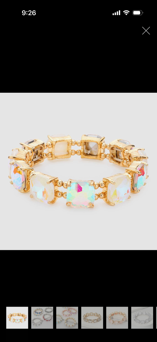White AB Cushion Square Stone Stretch Bracelet
