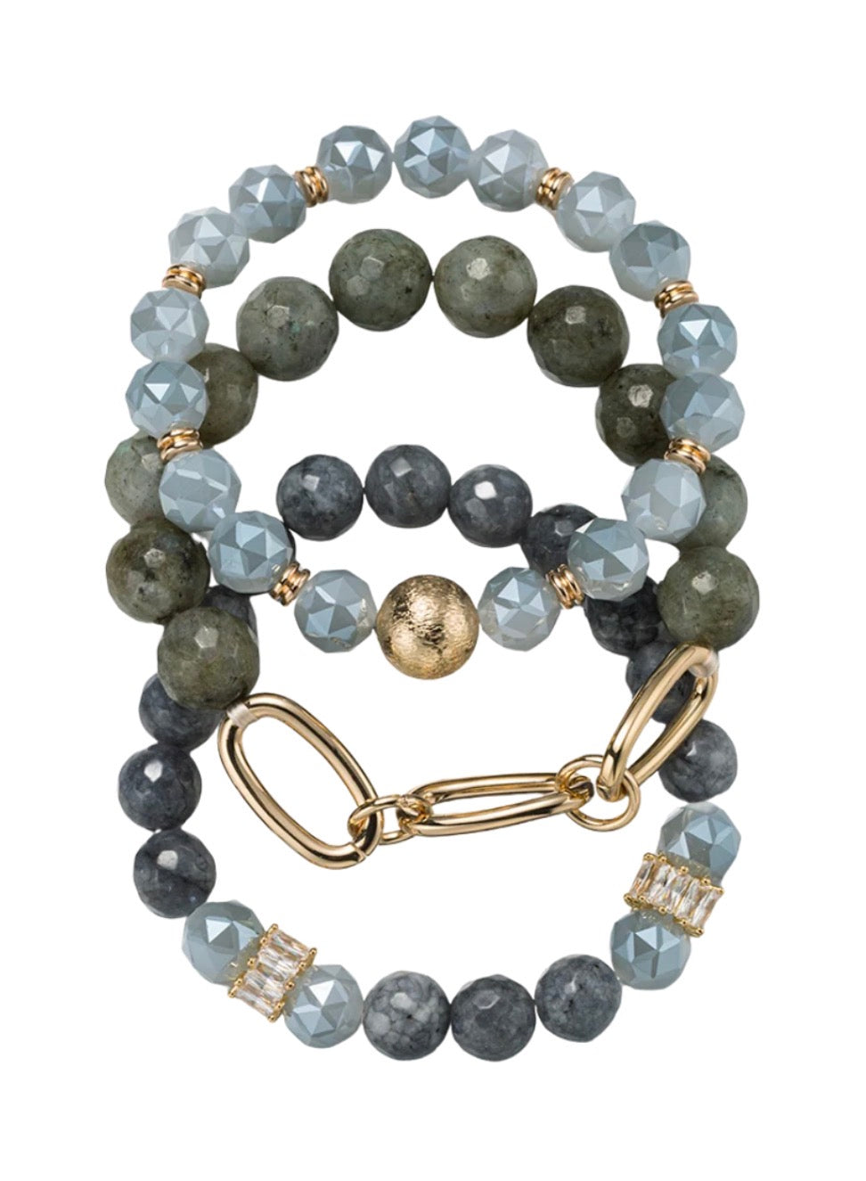 Jane Marie-Gray- Set of 3 ,Faceted Beaded Bracelet with Gold Link Accent
