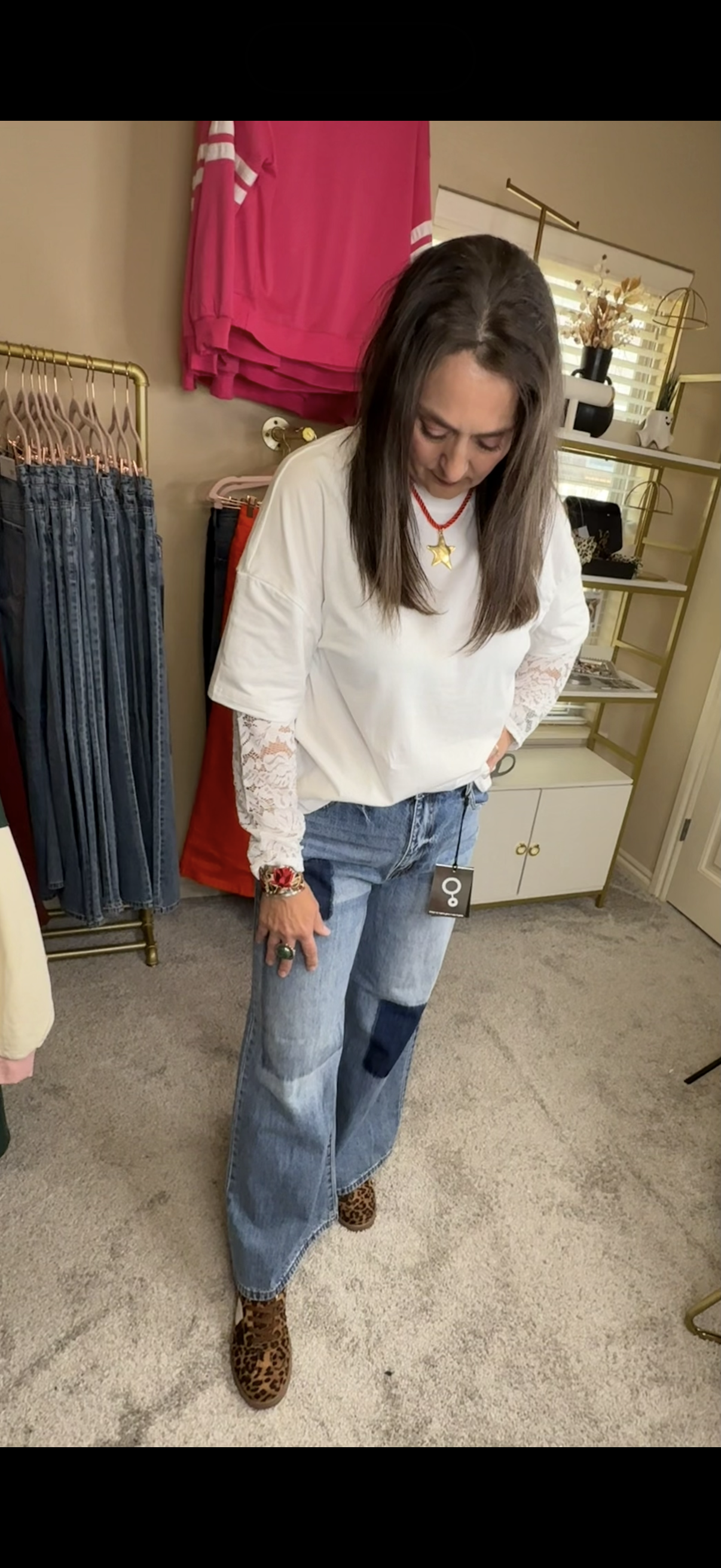 High Rise Wide Leg Patch Work Jeans  100% Cotton , 29” Inseam
