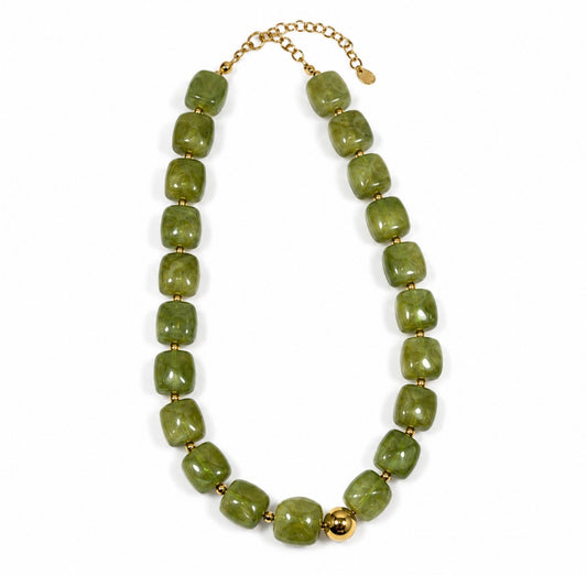 Olive Green Beaded Necklace w Gold Ball