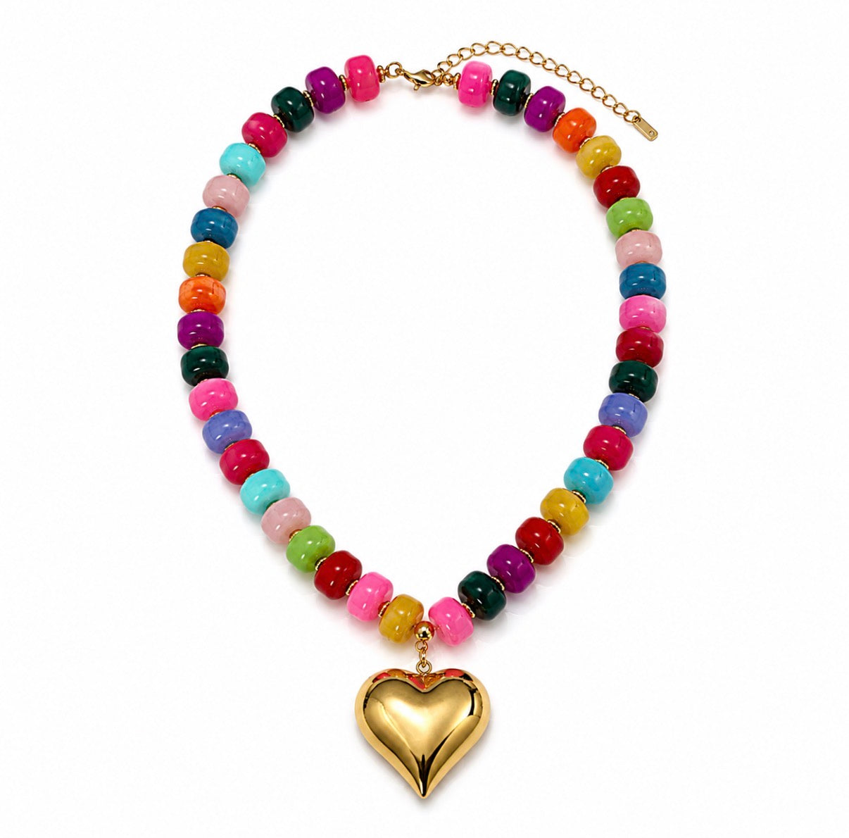 Colorful Beaded Necklace w Gold Heart