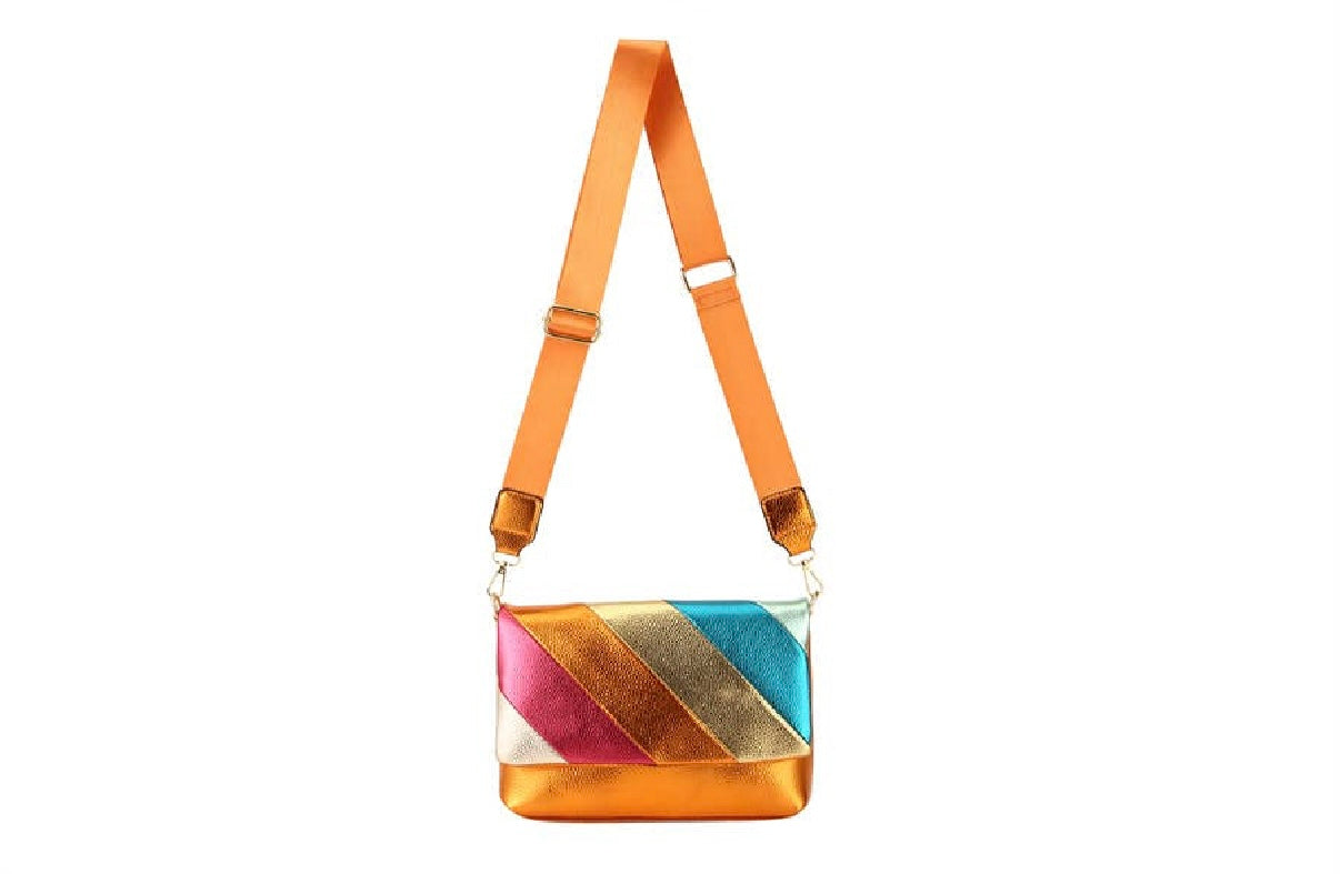 Orange Metallic Faux Leather Multi Color Handbag