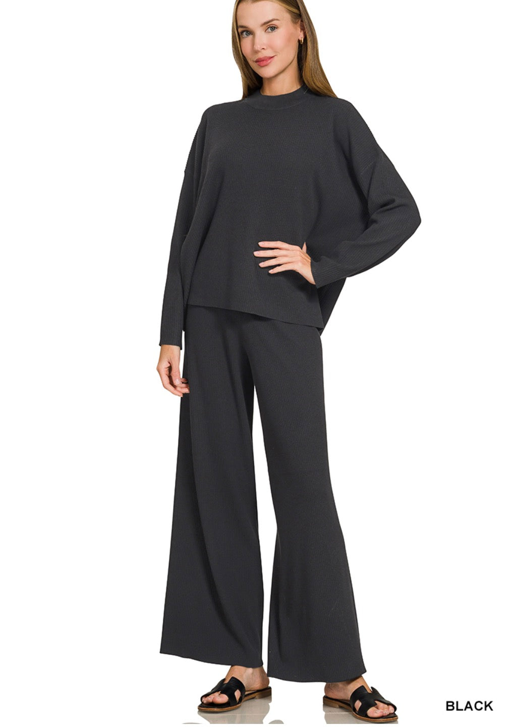 Black -VISCOSE SWEATER TOP & PANTS 2PCS SET