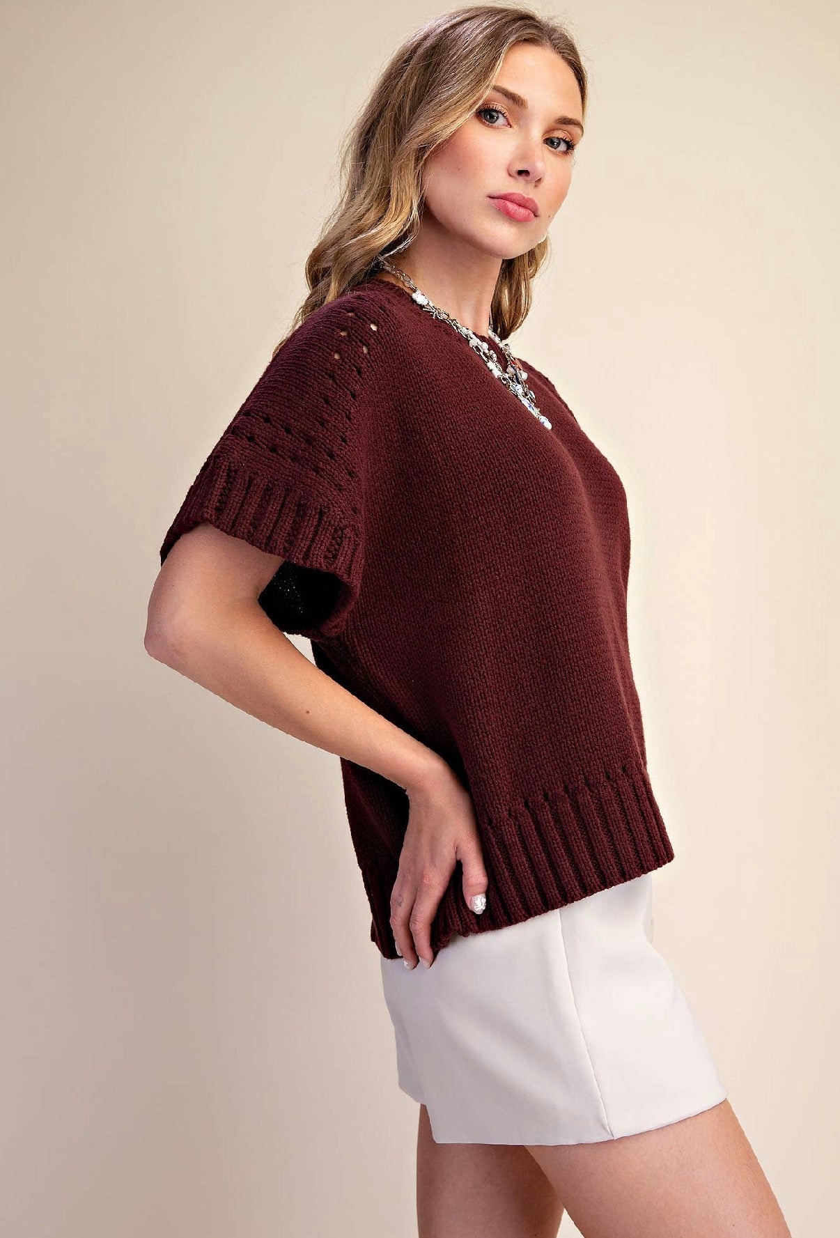 Brown Short-Sleeve Crew-Neck Sweater