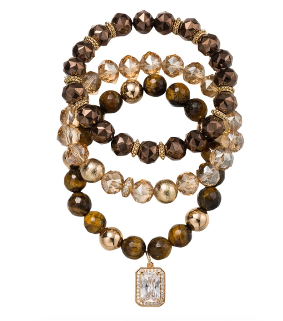 Jane Marie-Brown -Set of 3, Faceted Beaded Bracelet with Clear Crystal Charm