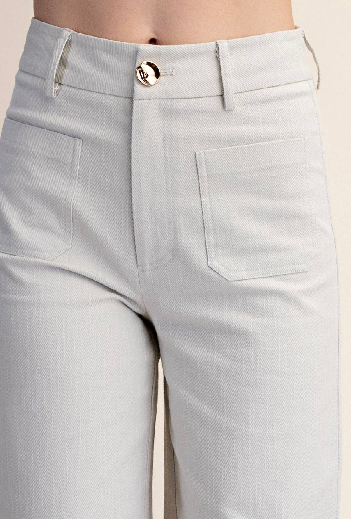 Ecru-Stretchy Jeans High Rise Front Pocket Wide Leg