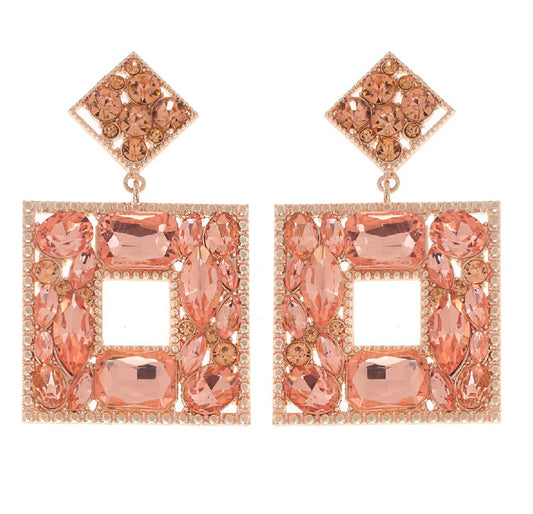 Rose Gold rhinestone open square dangle earrings