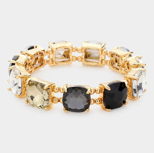 Black Multi-colored Cushion Cut Stone Stretch Bracelet