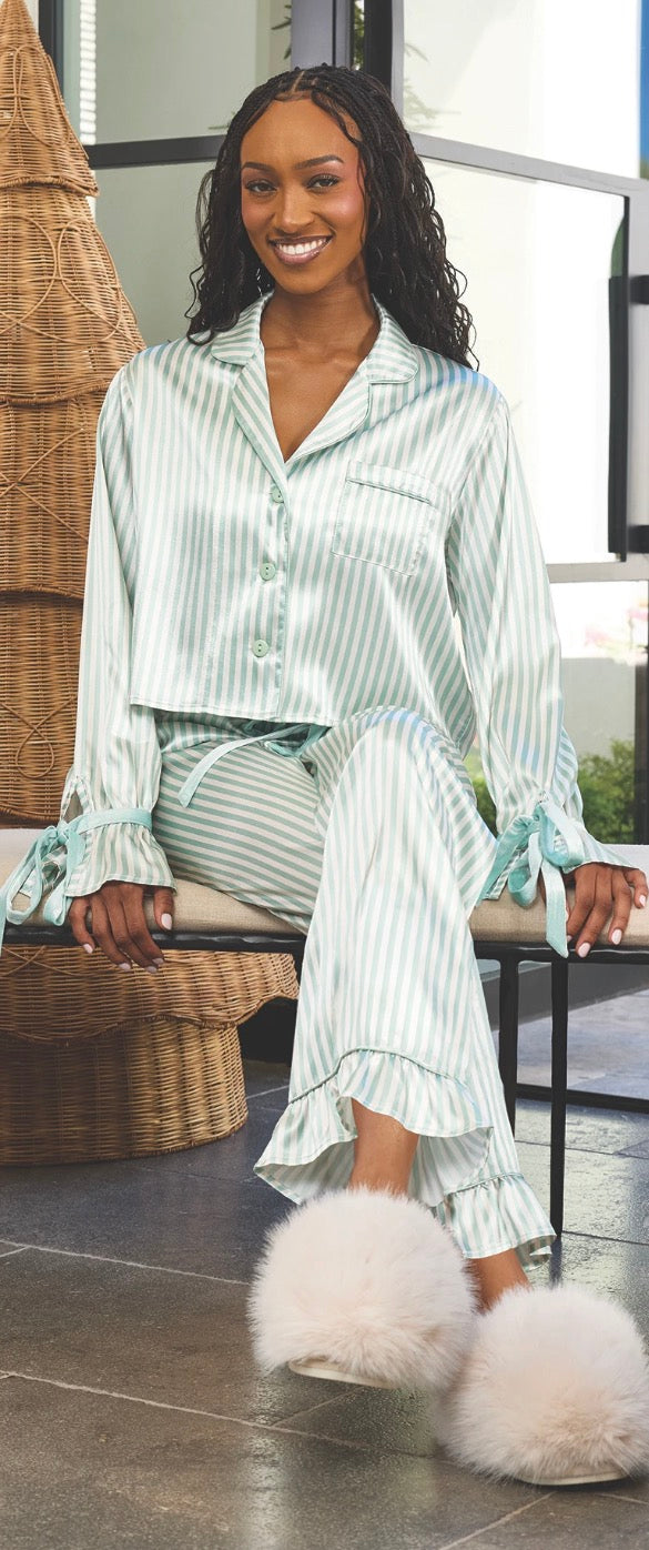 Cropped Ruffled Top + Ruffled Pant PJ Set with Velvet Ties - Ivory + Sage Green