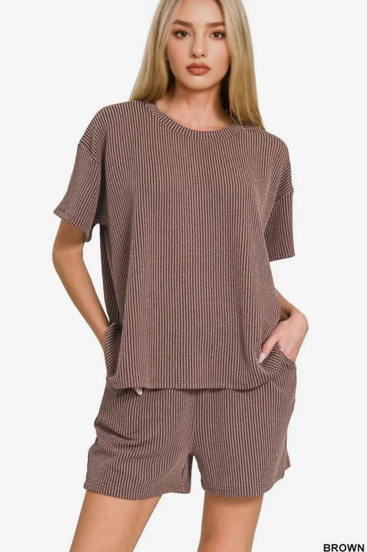 Brown Corded Rib Tee & Shorts 2pc Set