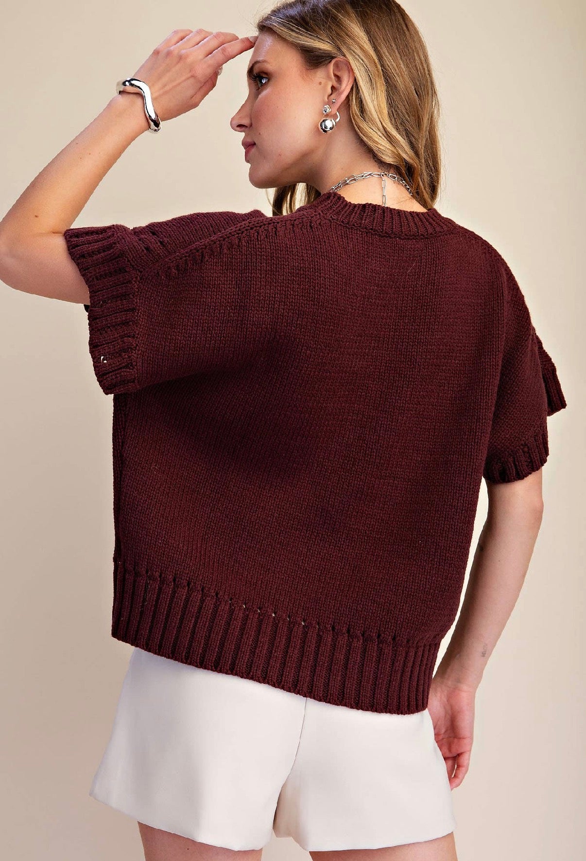 Brown Short-Sleeve Crew-Neck Sweater