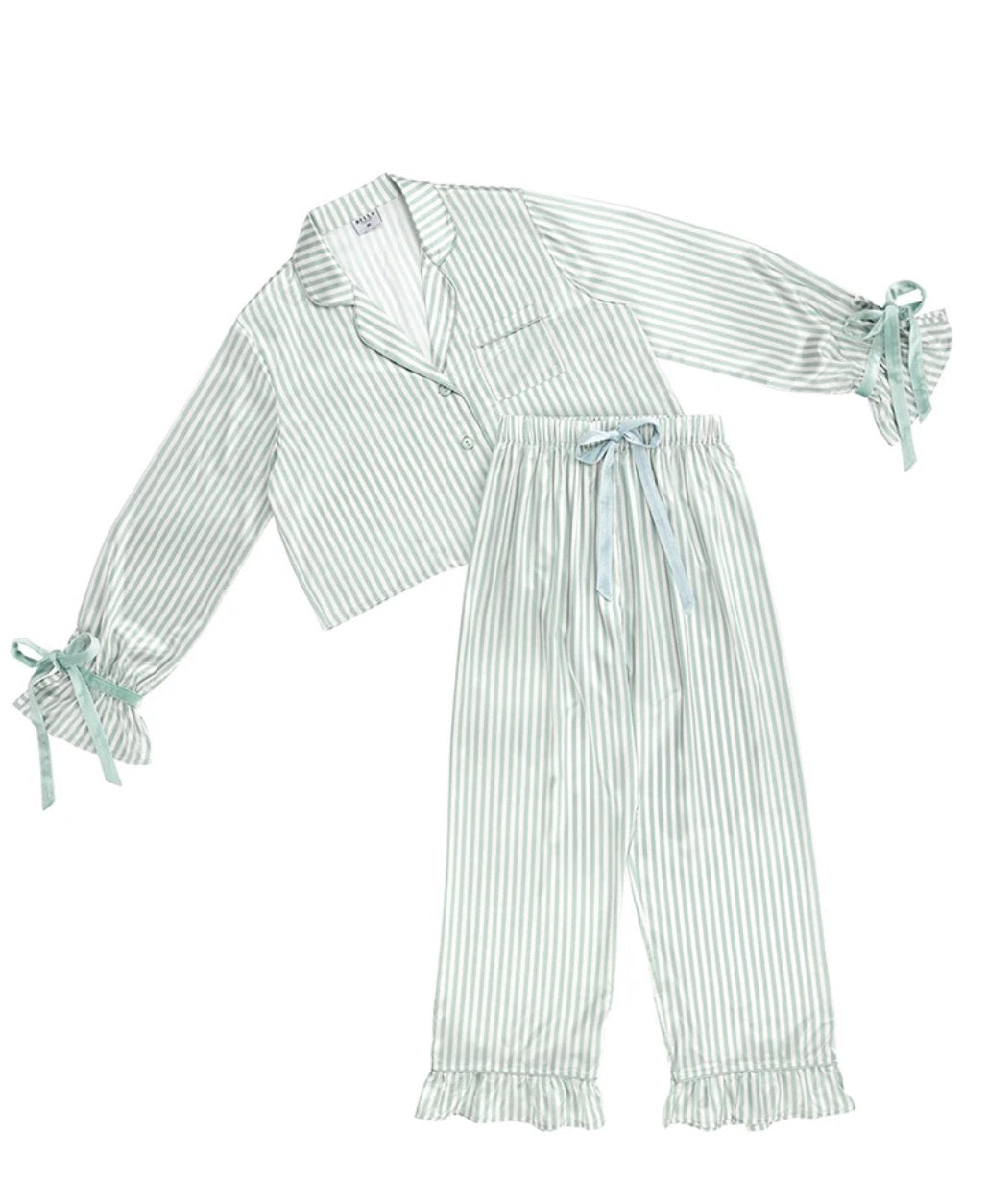 Cropped Ruffled Top + Ruffled Pant PJ Set with Velvet Ties - Ivory + Sage Green