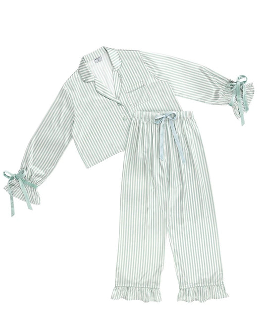 Cropped Ruffled Top + Ruffled Pant PJ Set with Velvet Ties - Ivory + Sage Green