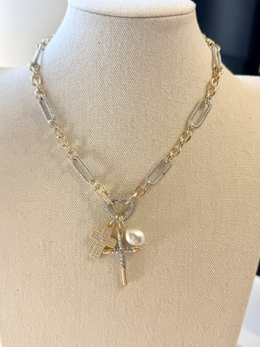CZ Heart & Cross Pearl Charm Necklace