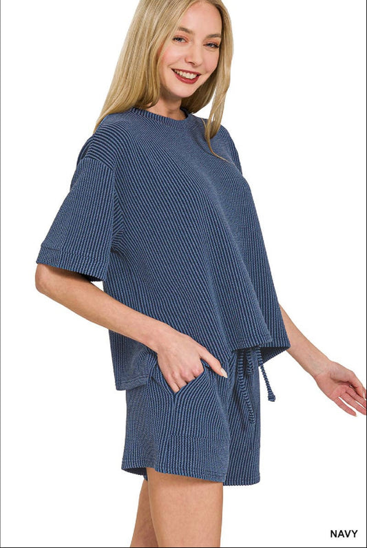 Navy Rib Tee & Shorts 2pc Set