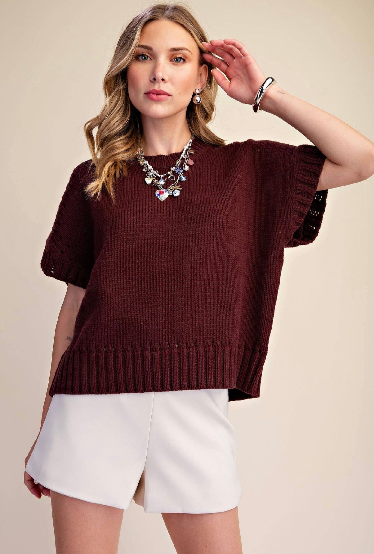Brown Short-Sleeve Crew-Neck Sweater
