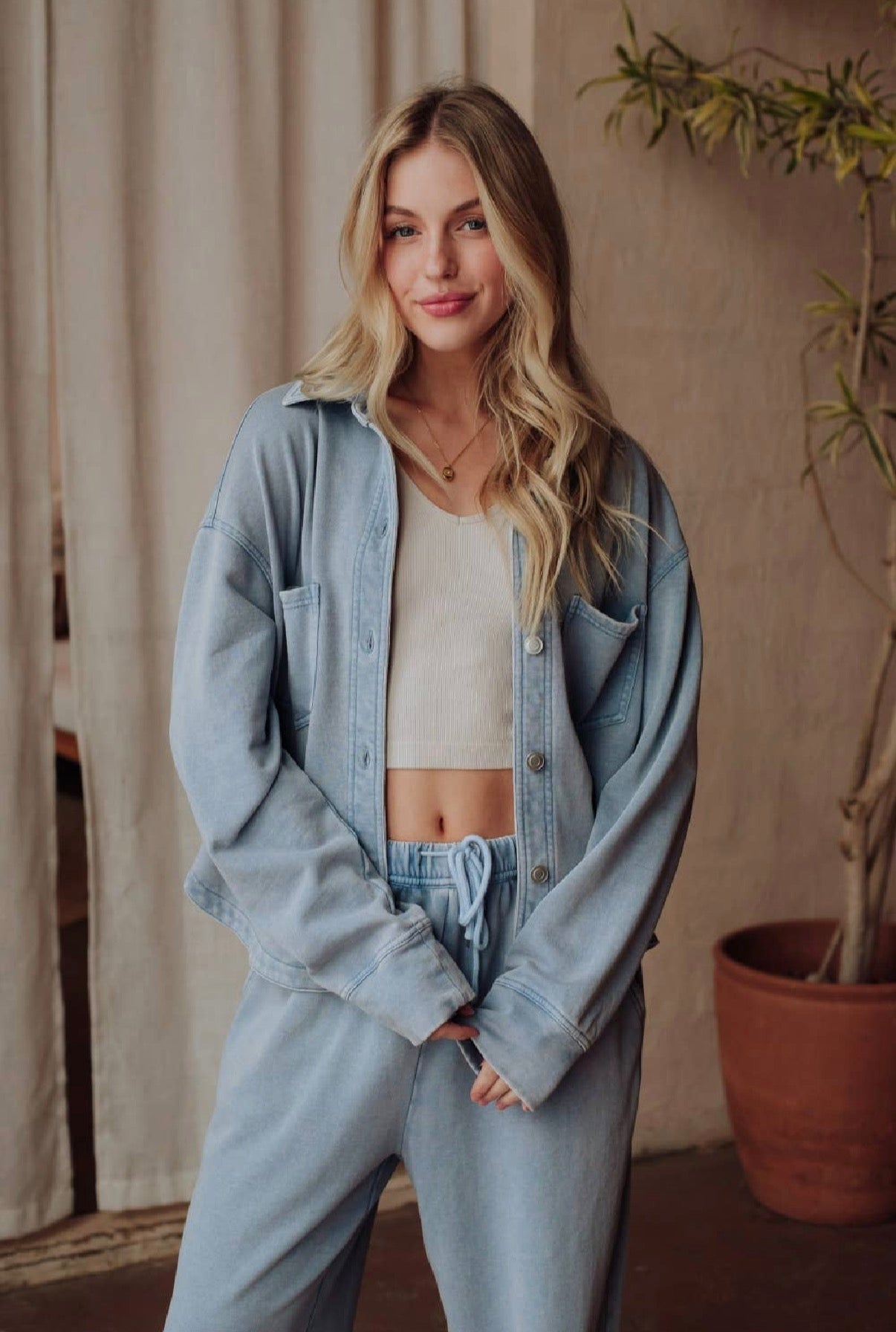 Panache Apparel Co. - Lt. Blue Washed Soft Sweatpants & Cropped Button Up Set