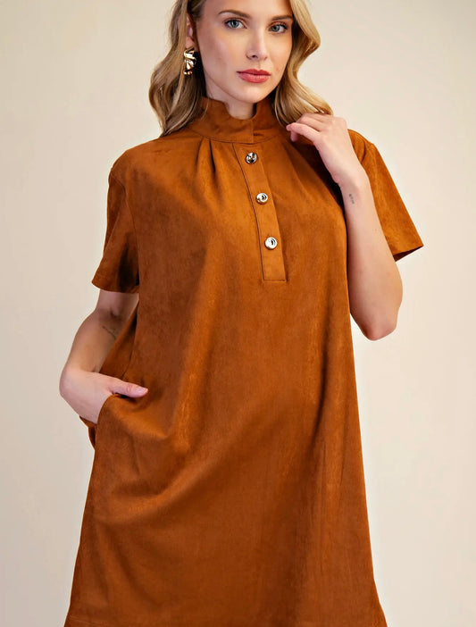 Stand Collar Suede-Look Mini Dress