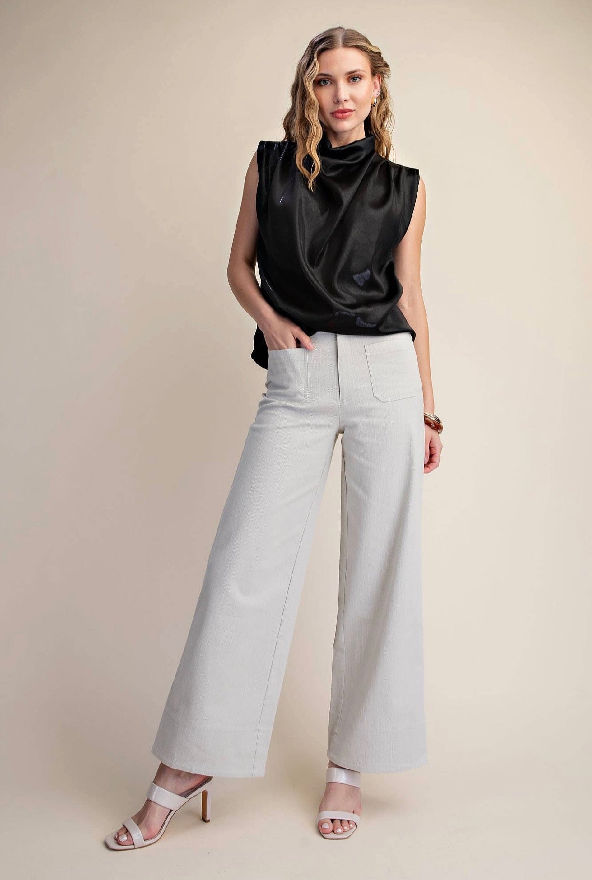 Ecru-Stretchy Jeans High Rise Front Pocket Wide Leg