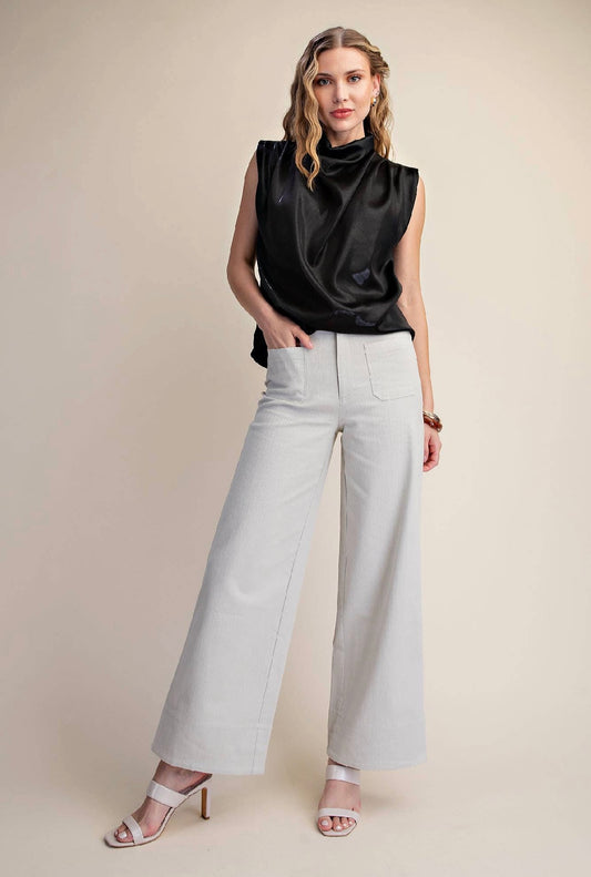 Ecru-Stretchy Jeans High Rise Front Pocket Wide Leg