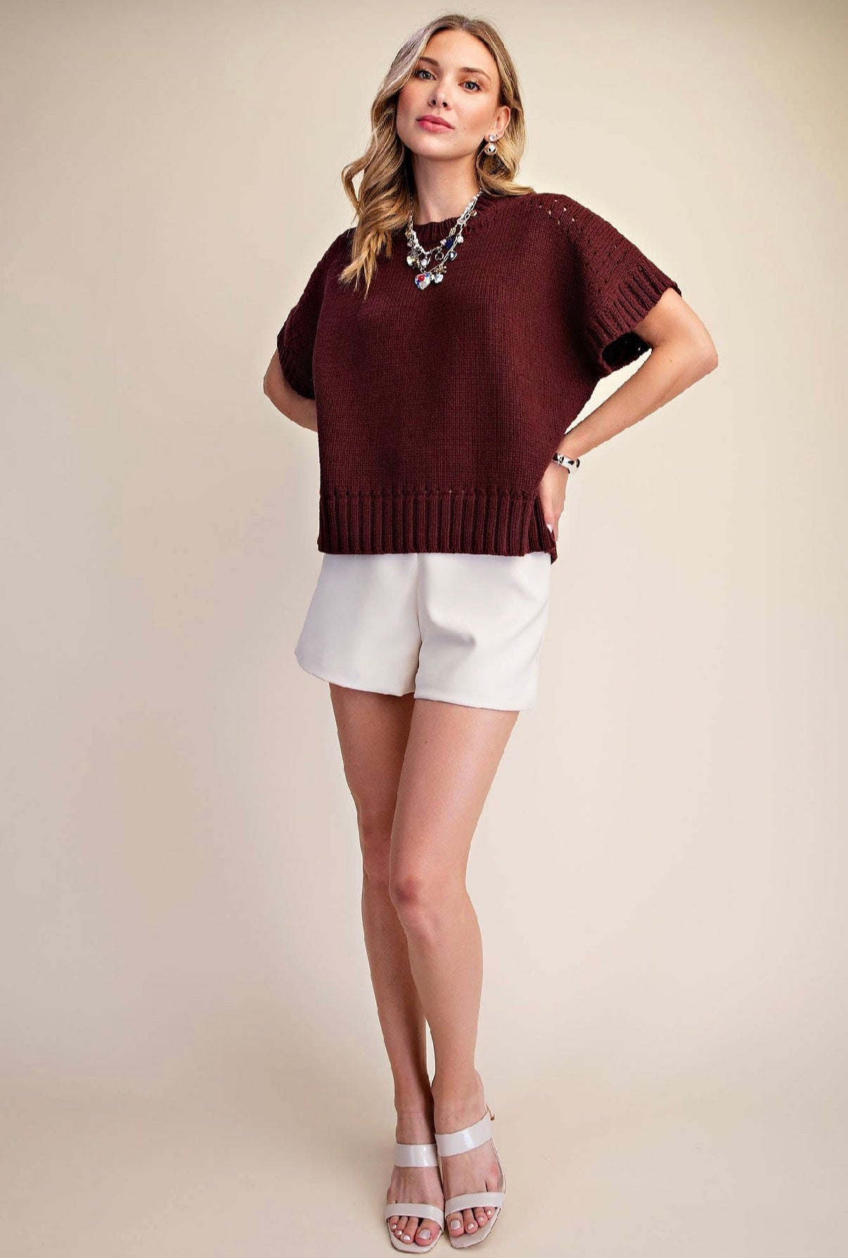 Brown Short-Sleeve Crew-Neck Sweater