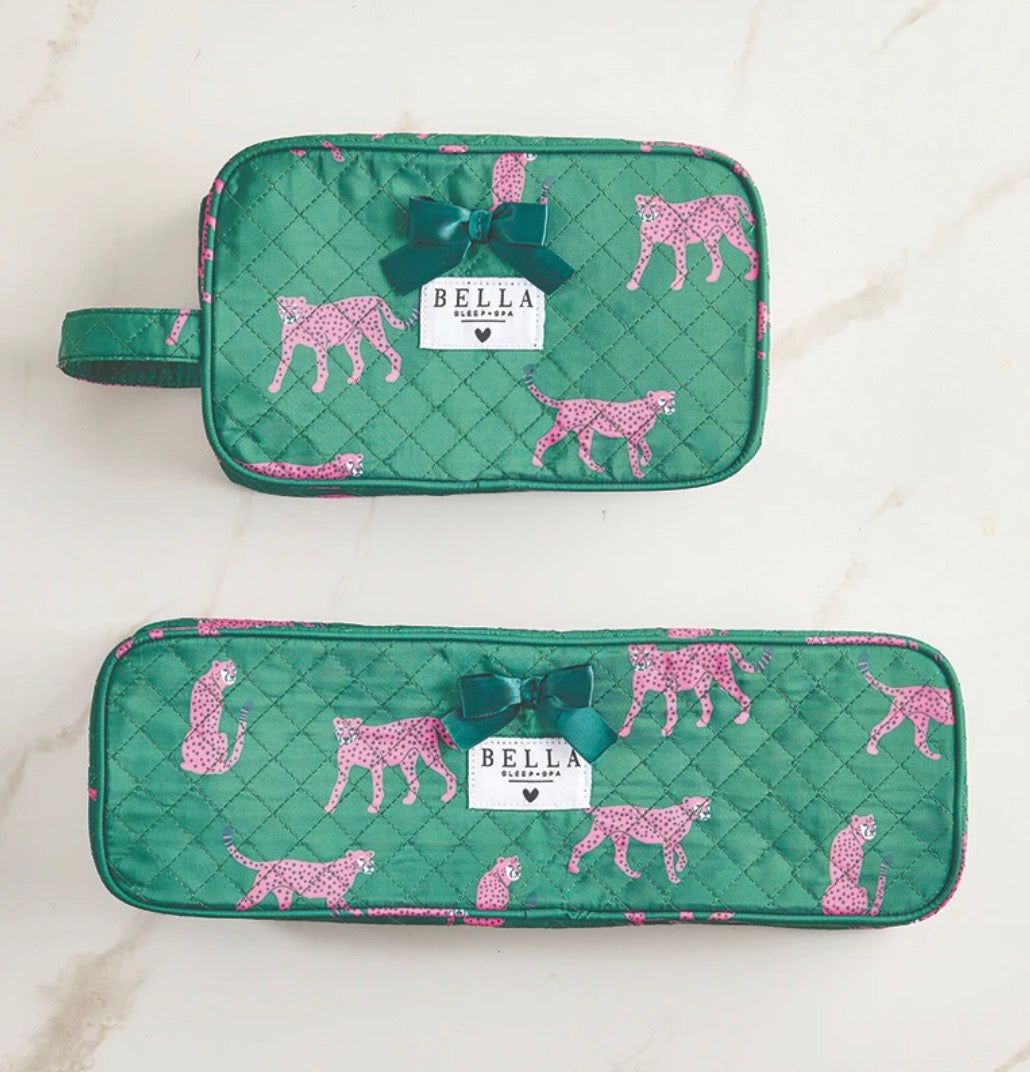 Quilted Cosmetic Bag - Green + Cheetahs