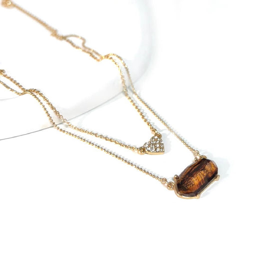 Brown Jasper -2 Row Heart Stone Charm & Hexagon Bead Pendant Necklace