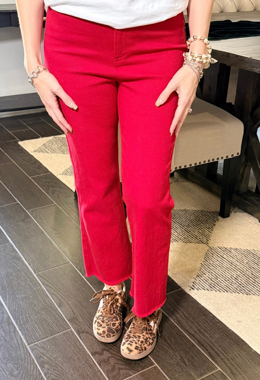 Red Stretchy High Waisted Flare Jeans with Raw Hem