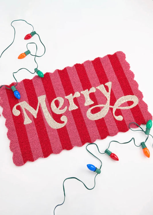Pink & Red MERRY scalloped Doormat
