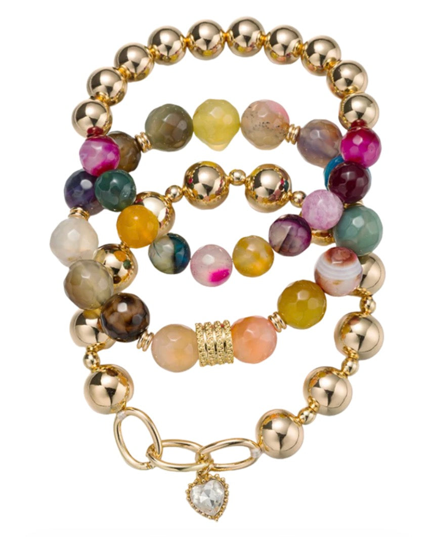 Jane Marie- Colorful- Set of 3 Beaded Bracelet with Clear Crystal Heart Charm